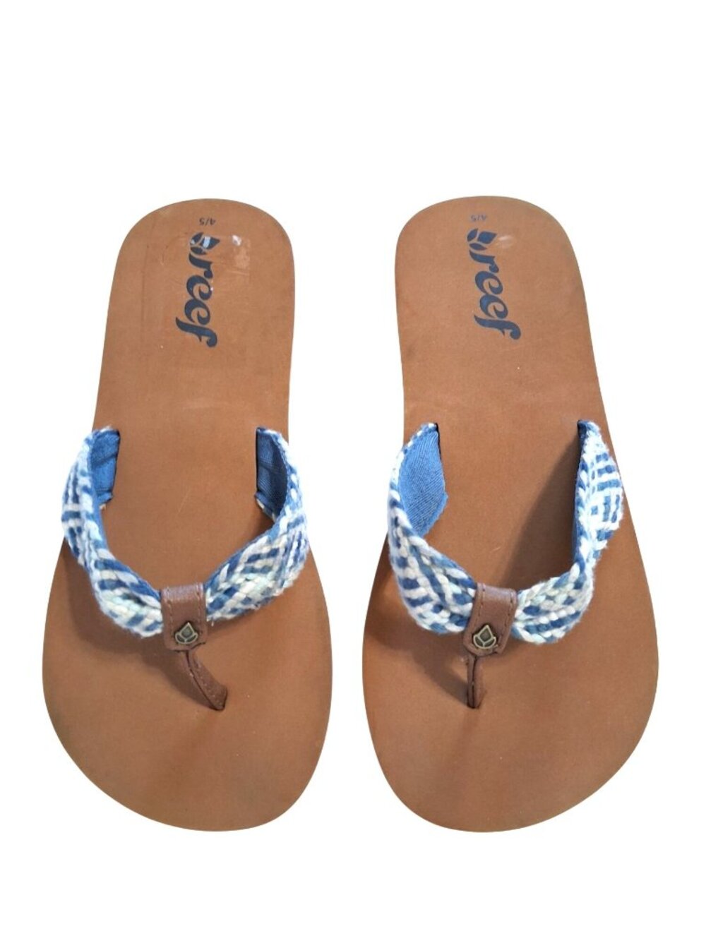 Reef Little Mallory Kids Flip Flops Woven Strap Blue Tan Size 4/5